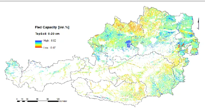 Abbildung 1: Geografische Darstellung der Feldkapazität für den Oberboden (0-20 cm) der mineralischen,  landwirtschaftlich genutzten Böden Österreichs 