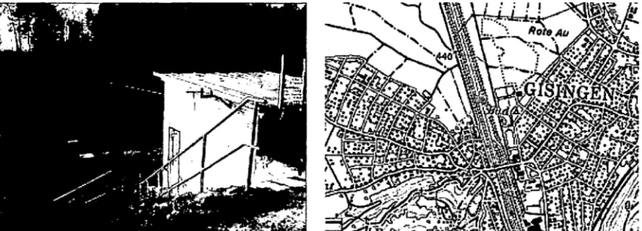 Abbildung 7: Pegelhaus bei der Messstelle Gisingen/Ill (li.) und Lage der Messstelle, roter Stern  (re., Kartengrundlage: OK 50, BEV) 