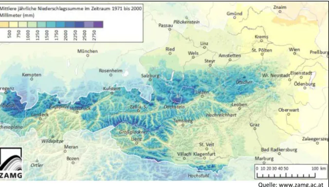 Abbildung 10: Mittlere jährliche Niederschlagssumme im Zeitraum 1971 bis 2000 in mm 