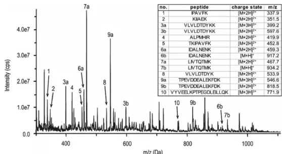 Fig. 2 MS/MS spectrum of the tryptic peptide LIVTQTMK from BLG. As fragment ions of the y-ion series occur in the spectrum, the amino acid sequence must be read from right to left