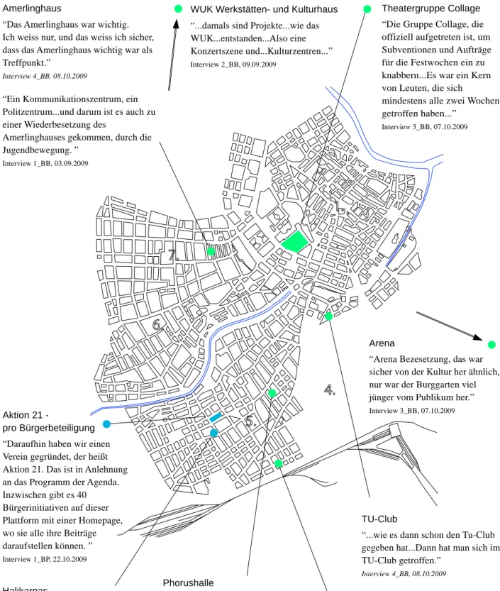 Abbildung 38: Plan der im Rahmen der Burggarten- und der Bacherplatz-Bewegung produzierten Räume und Orte in Wien