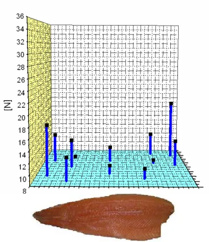 Abbildung 40: Fmax des Frischfisches mit Warner Bratzler (türkise Fläche beinhaltet die Ortskoordinaten  der genommen Proben innerhalb eines Filets) 