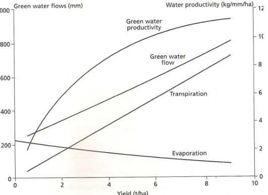 Figure 4  Green  water  flows  as  a  function  of  yield  and  the  dynamic  character  of  the  crop water productivity (Falkenmark et al