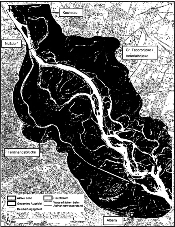 Abbildung 1 : Bearbeitungsgebiet/DGIVI mit den untersuchten Gebieten: gesamtes Augebiet,  aktive Zone (AZ) und Hauptstrom (Hintergrund: ÖK50, BEV) 