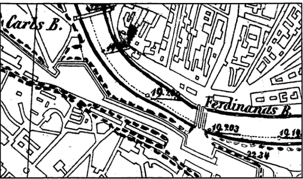 Abbildung 4 : Hydrotechnischer Vermessung der Donau bei Wien (Kazda 1849): Ausschnitt  des Donaukanals mit der Ferdinandsbrücke, heutige Schwedenbrücke