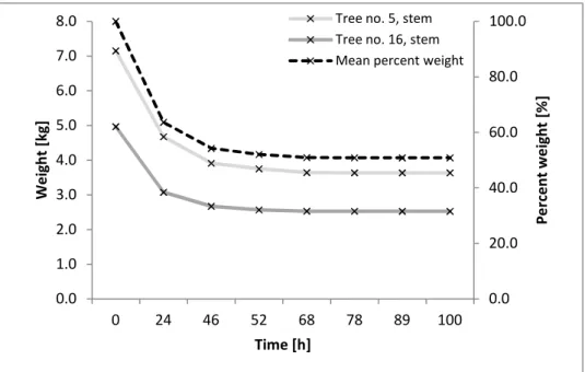 Figure 2: Weight change with drying time (100 h) of 2 samples of stems from destructive  sample inventory