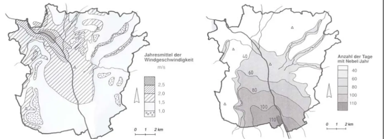Abbildung 10: Durchlüftung (links) und Nebelverhältnisse (rechts) (aus: LAZAR et al., 1994) 