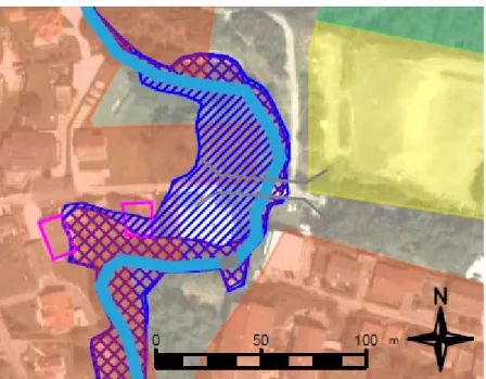 Abbildung 4-12: Ausschnitt des Gefahrenzonenplans: HQ 30 und HQ 100 Überflutungsflächen mit  gefährdeten Objekten 