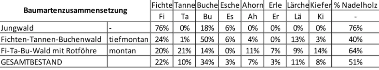 Tabelle 4:  Baumartenzusammensetzung des aktuellen Waldbestands. 