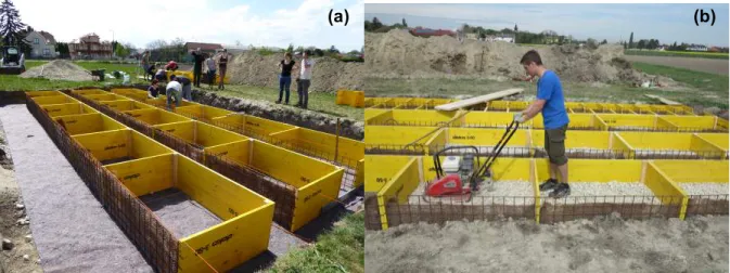 Figure  13  Construction  of  experiment:  road  structure  boxes  on  drain  geomembrane  (a)  and  compaction of gravel mixture with a vibrating plate (b) (Müllner, 2016)