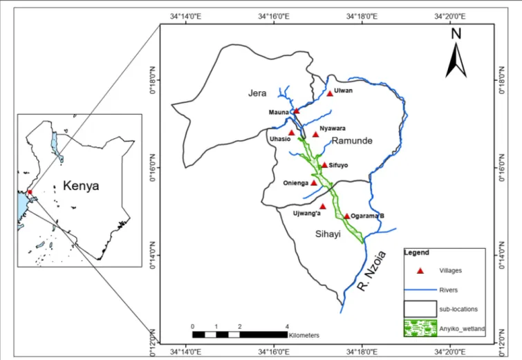 FIGURE 1 | Map showing location of the Anyiko wetland and the villages sampled.