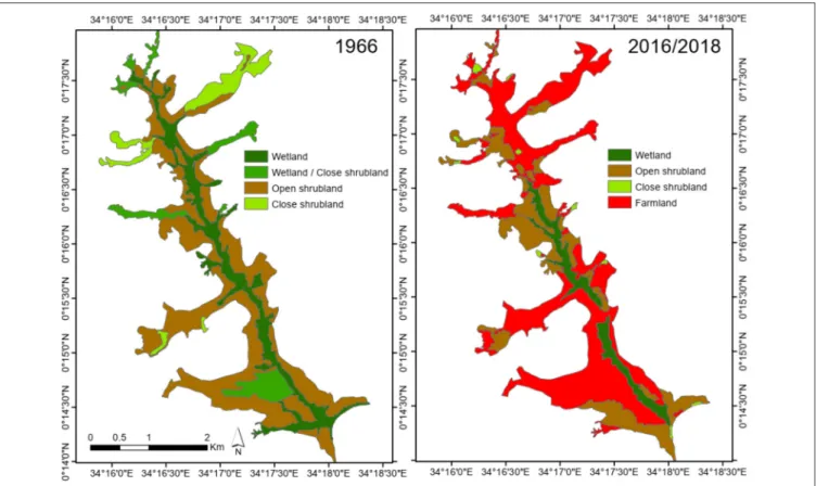 FIGURE 3 | Land use/cover maps of Anyiko wetland and its surrounding in 1966 and 2016/2018.