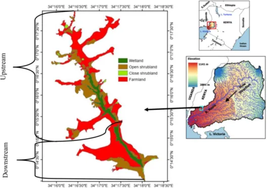 Figure 1: Location of the Anyiko wetland and its upstream and downstream areas. Source of  land use/cover map Ondiek et al