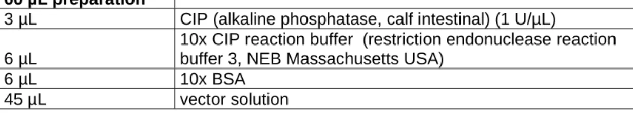 Table 2:  Components and volumes of a preparation for the dephosphorylation of a vector