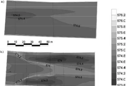 Abbildung 7-23:Sohlenmorphologie im Bereich des Strömungstrichters a) vor und b) nach dem Einbau  im August 2007 (SINDELAR, et al., 2009) 