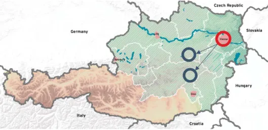 Figure 1. Map of “Sommerfrische” destinations in Austria (green diagonal lines), showing the source market Vienna (red circle) and the two case study regions (grey circles).