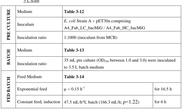 Table 4-21: Standard fed batch protocol for differential expression of light- and heavy chain of A4 Fab 5 L scale