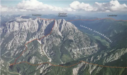 Abbildung 7: Das Johnsbachtal im Gesäuse mit dem deutlich sichtbaren Unterschied zwischen Mittellauf und  Zwischenmäuerstrecke (A