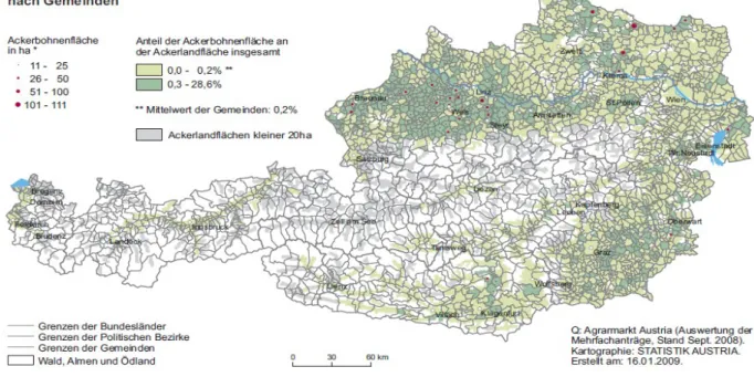 Abbildung  1:   Übersicht   der   Ackerlandflächen   2008:   Körnerleguminosen-Acker- Körnerleguminosen-Acker-bohnen nach Gemeinden