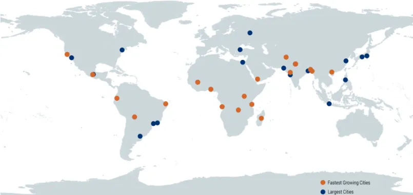Figure 1: Map of the largest and fastest growing cities in the world