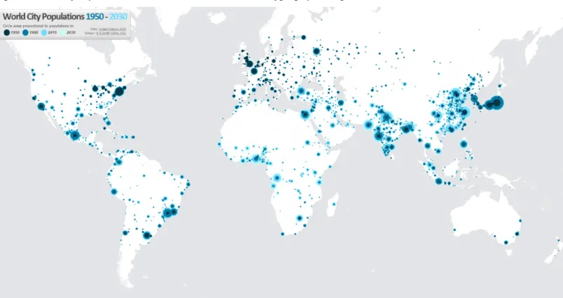 Figure 6 shows the map of world cities population  from  1950 -  2030.  The  population  growth  poses  serious questions for planners working in cities as  if DRR continues to be neglected, negative impacts  of disasters will increase
