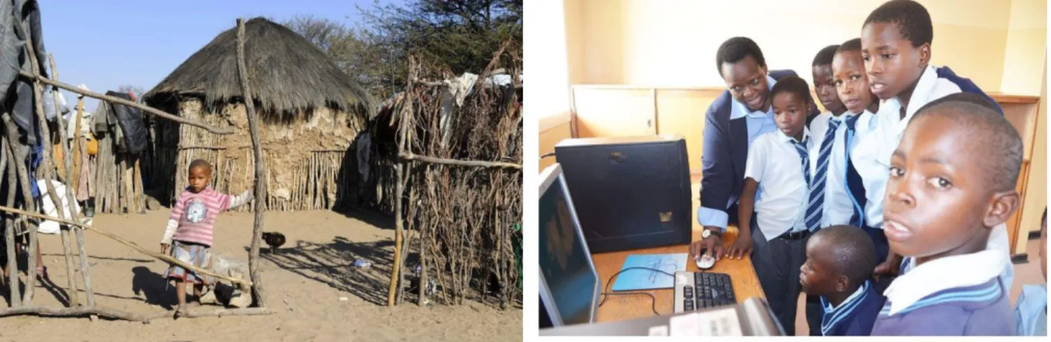 Figure 6:  The image on the left is a homestead in the village of Majwanaadipitse, while the image on the left is that of a primary  school teacher showing his students how to navigate a windows PC