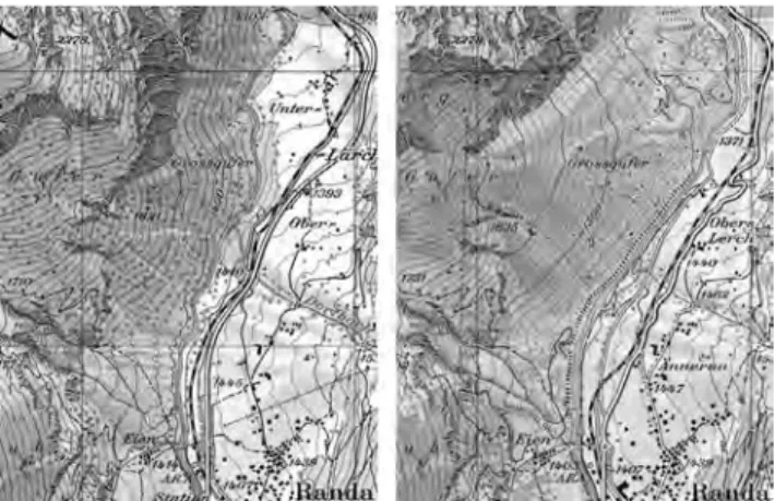Abb. 2: Amtliche Kartographie im Kalten Krieg: Die Pulverfabrik Wimmis bleibt sogar  während des Zweiten Weltkriegs in der Siegfriedkarte sichtbar (links: Blatt 355 Spiez,  1929)