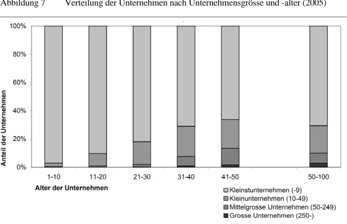 Abbildung 7  Verteilung der Unternehmen nach Unternehmensgrösse und -alter (2005) 