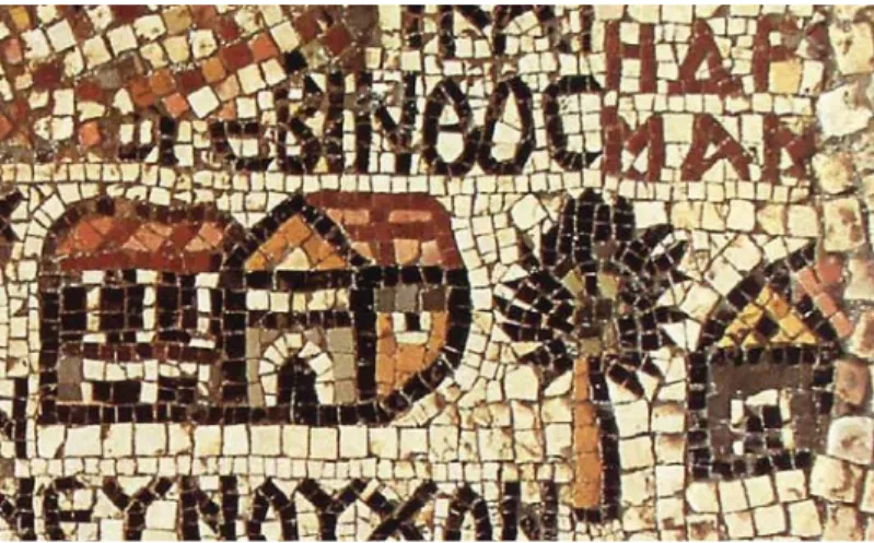 Abb. 2: Ausschnitt aus dem Fussbodenmosaik der Kirche St. Georg in Madaba  (Jordanien, Mitte 6. Jh.)