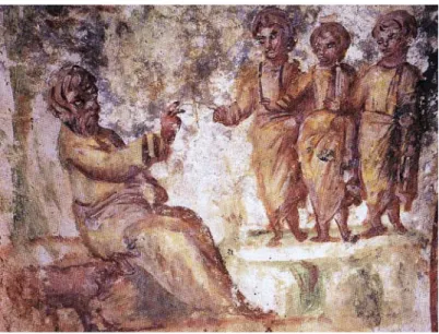 Abb. 4: Fresko in Kammer B der Katakombe an der Via Latina (Rom, um 320  n. Chr.). Abraham sitzt unter einem Baum auf einem Felsen