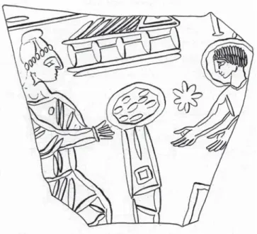 Abb. 8: Fragment einer Schliffglasschale (Rom, 4. Jahrhundert). Im Zentrum  ist ein Tisch mit einer Platte dargestellt, auf der acht Brote (oder Kuchen)  lie-gen