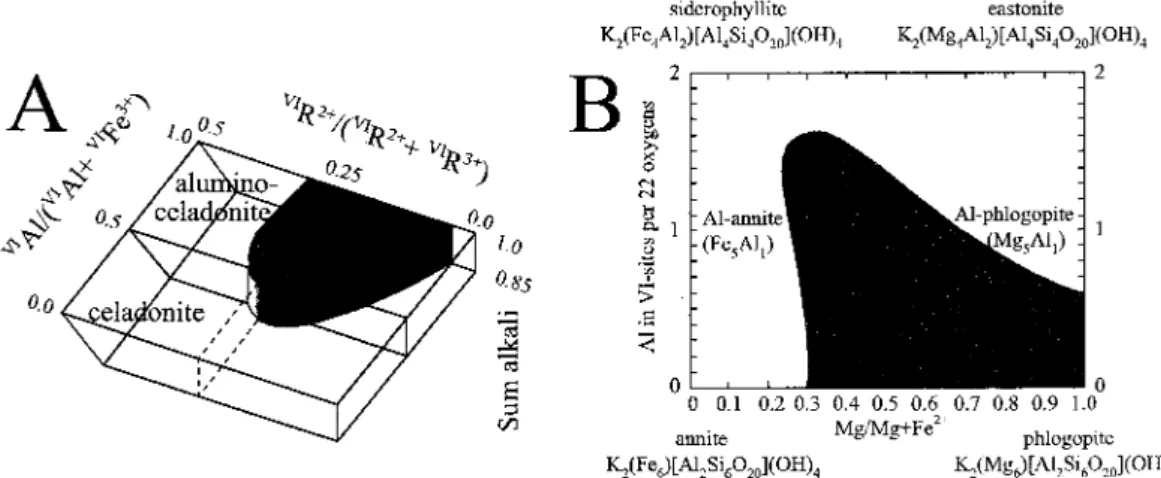 Fig. 2.3. Principal compositional space for the phengite (A) and biotite (B) solid solution series