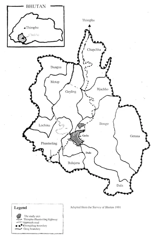 Figure 2.1 Chukha Dzongkhag showing the location of the study area.