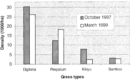Figure 3.2 Grasses by type on the northeast aspect in October 1997 and March 1999.
