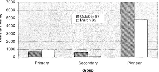Figure 3.4 Small tree seedlings by group on the northeast aspect in October 1997 and March 1999.