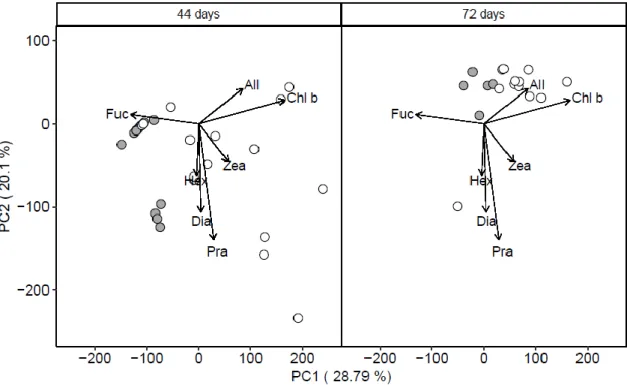 Figure 4. Weighted principal component analysis biplot of accessory pigments across  site (High CO 2 , filled circles, Reference - empty circles) and time points (44 days -  left, and 72 days - right)