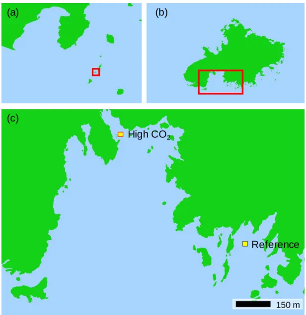 Figure 1. Study area off the Izu peninsula and archipelago off mainland Japan (a),  Shikine Island (b) and the locations for the reference and high CO 2  site used for  the deployment of settlement panels (c), land shown in green