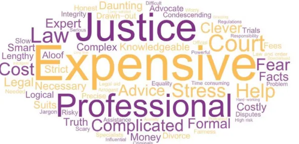 Figure 2: Word cloud depicting responses to the question "What 3 words come to mind when you think  about lawyers and legal services?"