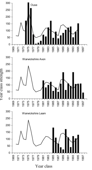 Figure 3.4 continued.  Variation in year class strength of roach in English rivers (bar)    compared with mean YCS of roach for all rivers (line).