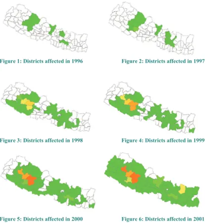 Figure 1: Districts affected in 1996  Figure 2: Districts affected in 1997  
