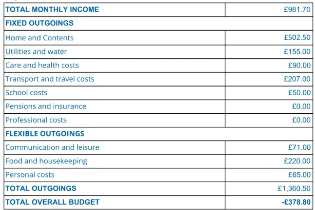 Figure 2 - example of a simplified completed SFS for a lone parent with a  dependent child  7