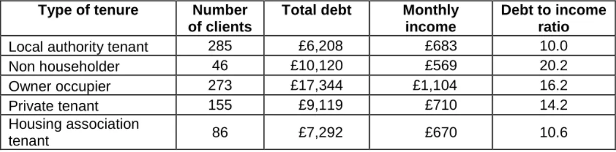 Table 3.6 - average household debt and monthly net income of clients  according to housing tenure 