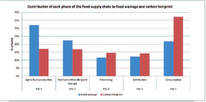 Figure 10: Contribution of each phase of the food supply chain to food wastage and carbon footprint