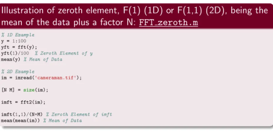 Illustration of zeroth element, F(1) (1D) or F(1,1) (2D), being the mean of the data plus a factor N: FFT zeroth.m